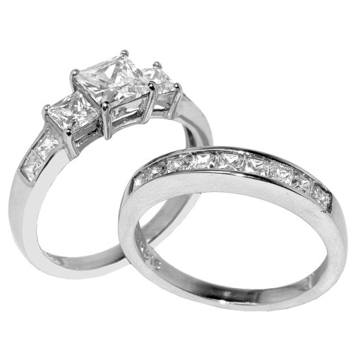 Lanyjewelry Three Stone 6mm Princess CZ Stainless Steel Wedding Ring Set- Size 9