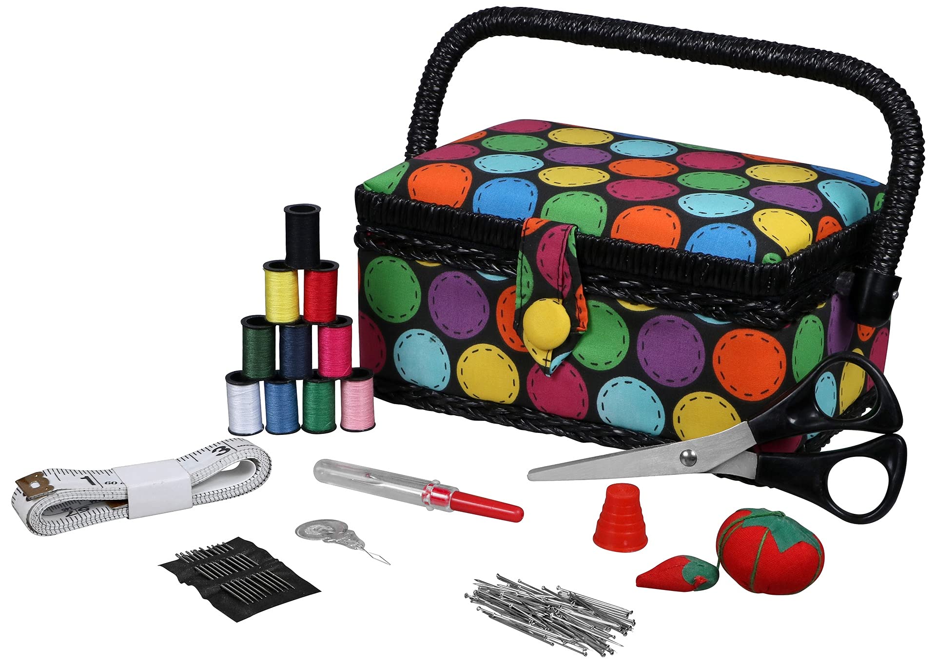 SINGER Polka Dot Small Sewing Basket with Sewing Kit Accessories