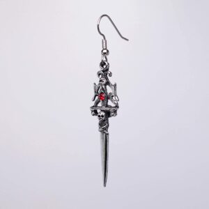 Gothic Skull Dagger Medieval Renaissance Dangle Earrings with Red Austrian Crystals