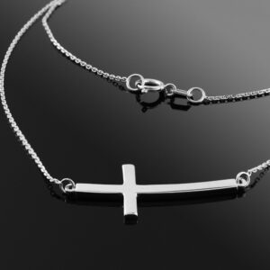 .925 Sterling Silver Curved Pendant Sideways Cross Necklace with 16" Rolo Chain