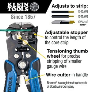 Klein Tools 11061 Self-Adjusting Wire Stripper / Wire Cutter, Heavy Duty, for 10-20 AWG Solid, 12-22 AWG Stranded, and Romex Wire 12/2 and 14/3