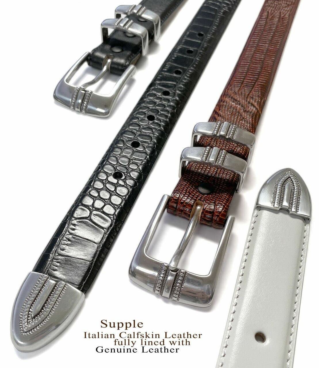 Kaymen Italian Calfskin Genuine Leather Designer Golf Dress Belt 1-1/8"(30mm) Wide (Alligator Brown, 40)