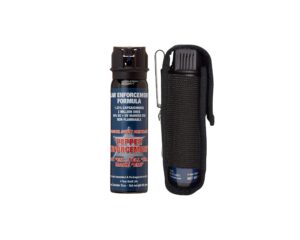 pepper enforcement 4 oz. splatter stream pepper spray with belt clip holster for self defense - maximum strength 10% oc formula, flip top safety tactical design, personal protection devices