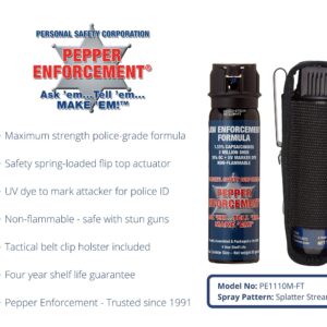 Pepper Enforcement 4 oz. Splatter Stream Pepper Spray with Belt Clip Holster for Self Defense - Maximum Strength 10% OC Formula, Flip Top Safety Tactical Design, Personal Protection Devices