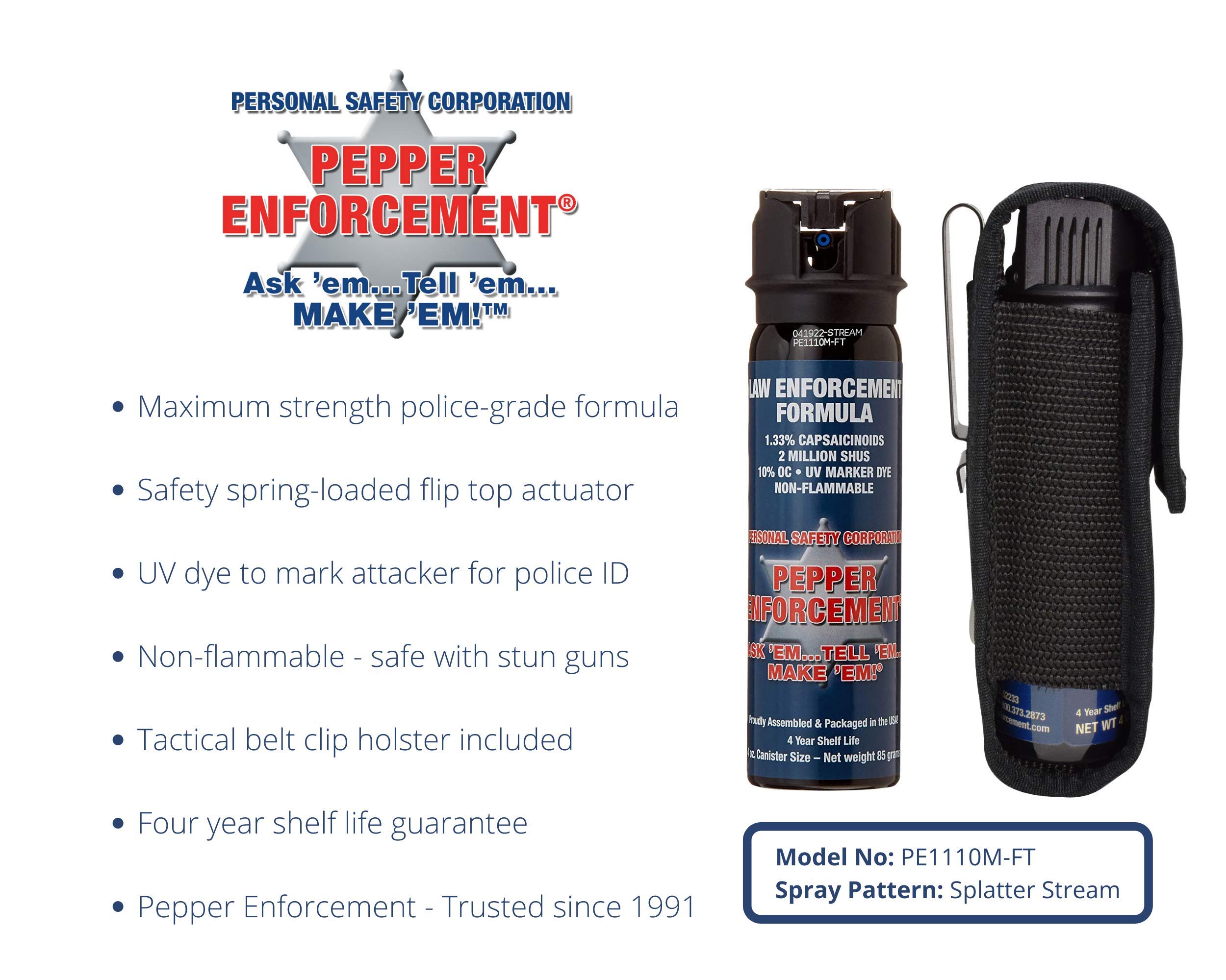 Pepper Enforcement 4 oz. Splatter Stream Pepper Spray with Belt Clip Holster for Self Defense - Maximum Strength 10% OC Formula, Flip Top Safety Tactical Design, Personal Protection Devices