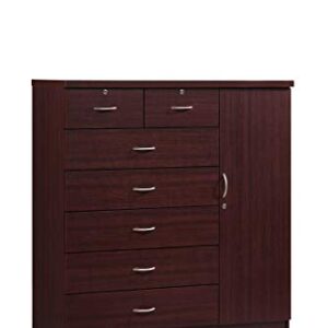 Hodedah 7 Drawer Jumbo Chest, Five Large & Two Smaller Drawers with Two Lock, Hanging Rod, and Three Shelves | Mahogany, 17.76" D X 47.24" W X 48.39" H