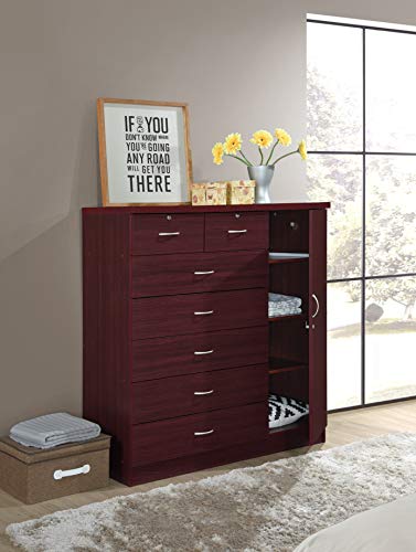 Hodedah 7 Drawer Jumbo Chest, Five Large & Two Smaller Drawers with Two Lock, Hanging Rod, and Three Shelves | Mahogany, 17.76" D X 47.24" W X 48.39" H