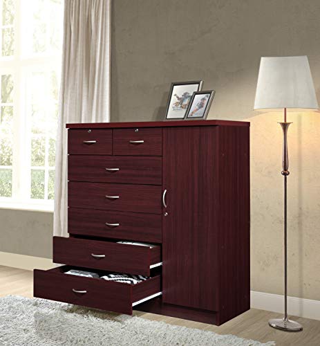 Hodedah 7 Drawer Jumbo Chest, Five Large & Two Smaller Drawers with Two Lock, Hanging Rod, and Three Shelves | Mahogany, 17.76" D X 47.24" W X 48.39" H