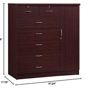 Hodedah 7 Drawer Jumbo Chest, Five Large & Two Smaller Drawers with Two Lock, Hanging Rod, and Three Shelves | Mahogany, 17.76" D X 47.24" W X 48.39" H