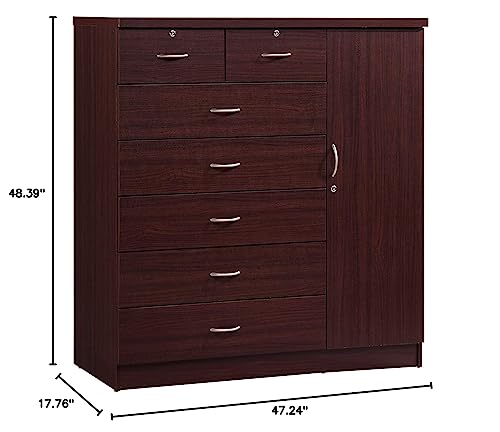 Hodedah 7 Drawer Jumbo Chest, Five Large & Two Smaller Drawers with Two Lock, Hanging Rod, and Three Shelves | Mahogany, 17.76" D X 47.24" W X 48.39" H