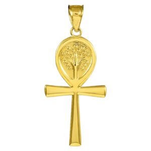 14K Yellow Gold 1-3/8" Hybrid Ankh & Tree of Life Design Egyptian Key of Life with Yggdrasil Pendant Charm