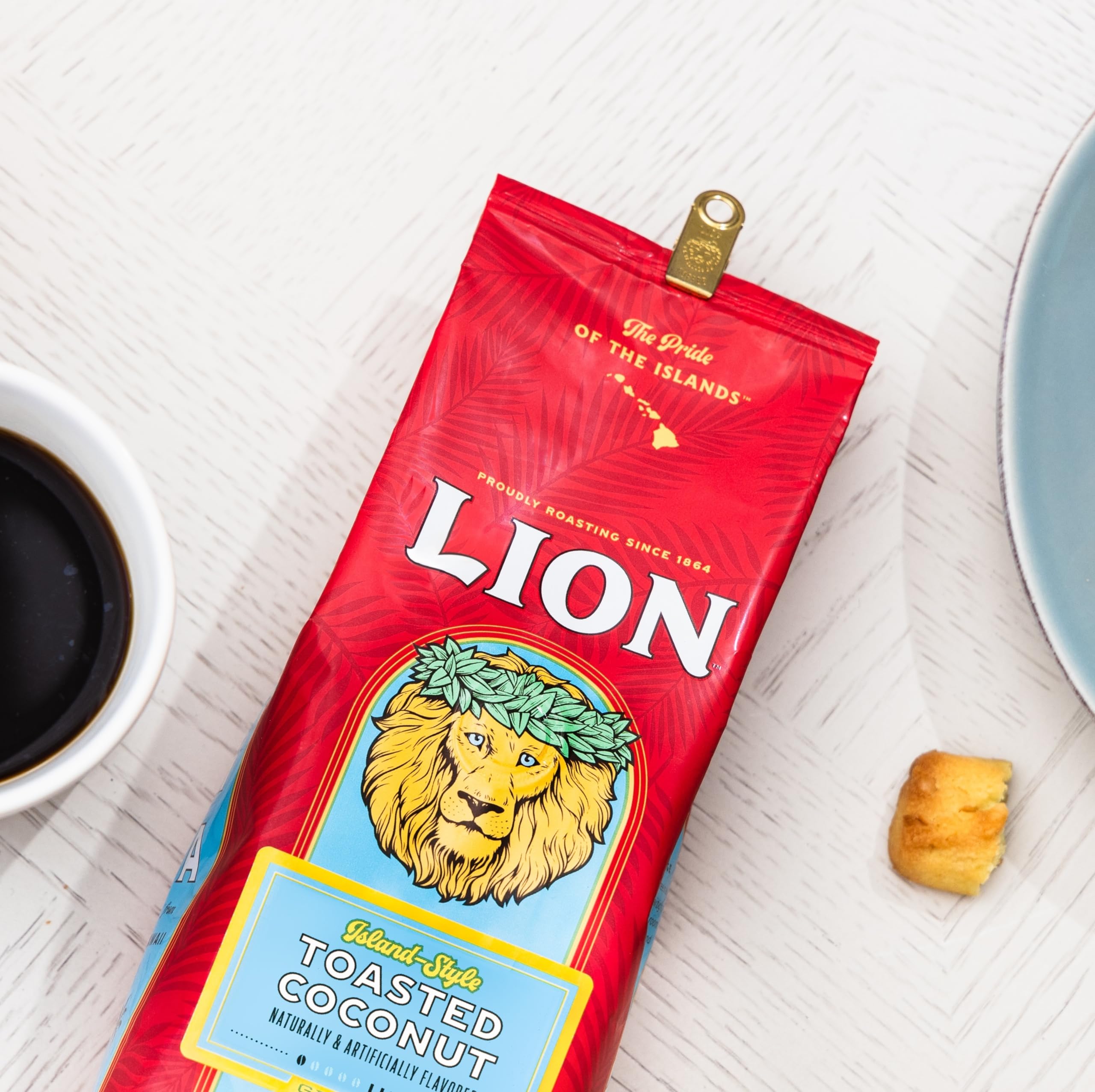 Lion Coffee Toasted Coconut Flavored, Light Roast Whole Bean Coffee, A Taste of Aloha - 24 Ounce Bag