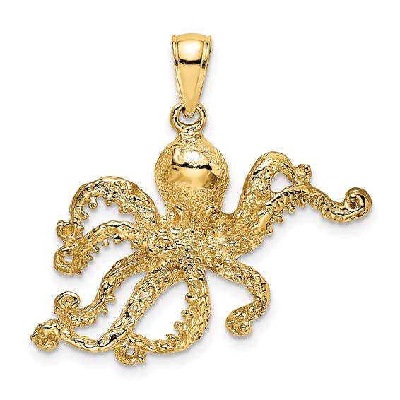 14k Yellow Gold Nautical Charm Pendant, Octopus, 2-D, Textured