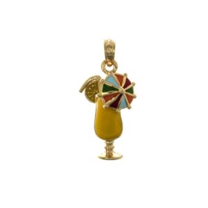 million charms 14k yellow gold beach charm pendant, small 2-d yellow enamel tropical drink with multi-color umbrella