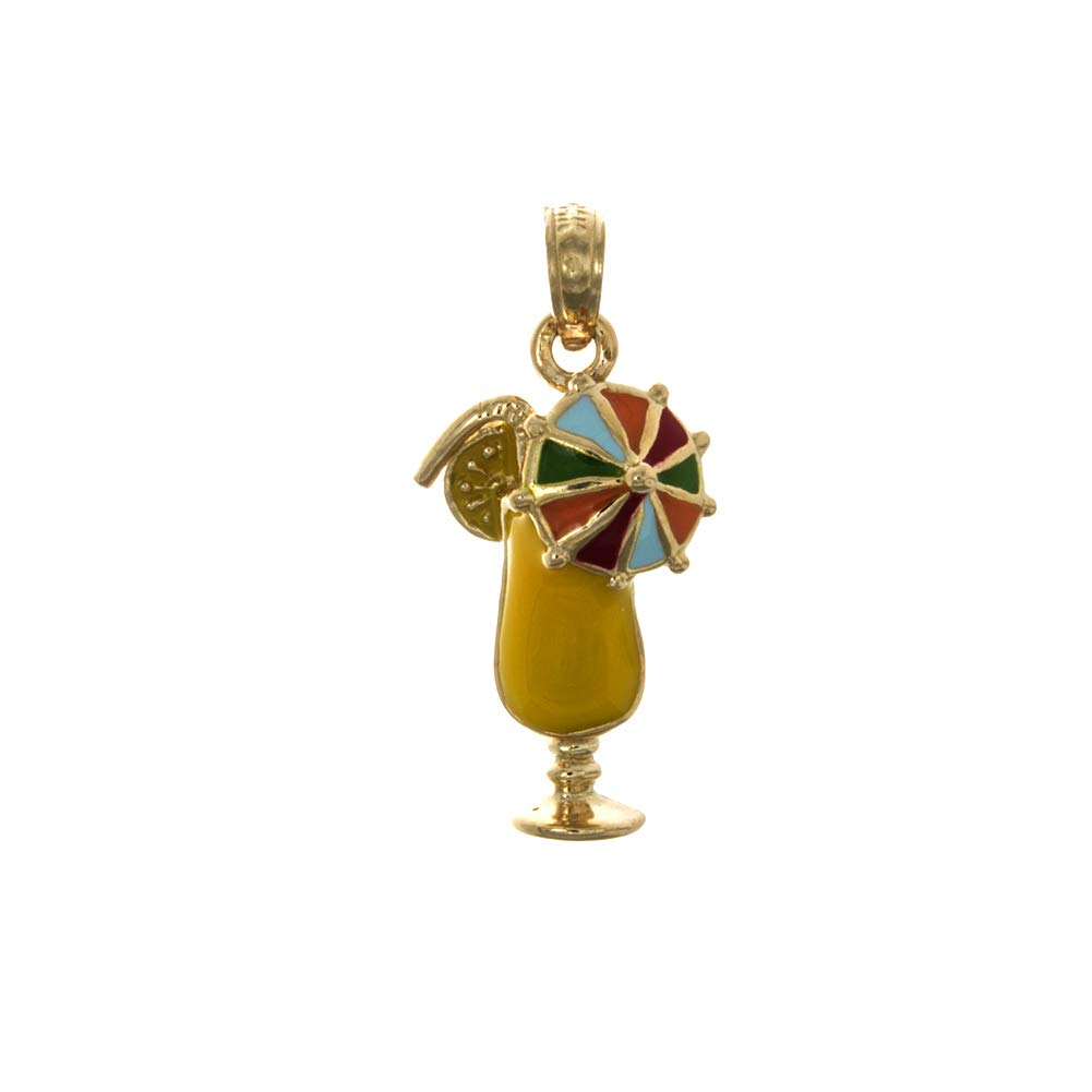 Million Charms 14k Yellow Gold Beach Charm Pendant, Small 2-D Yellow Enamel Tropical Drink with Multi-Color Umbrella