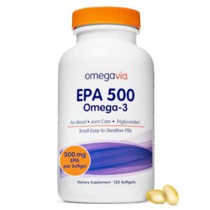 omegavia epa 500, purified omega 3 fish oil burpless softgels, 500 mg epa in triglyceride form, unflavored wild fish oil supplements, no fishy burps, non gmo and gluten free, ifos 5-star, 120 ct