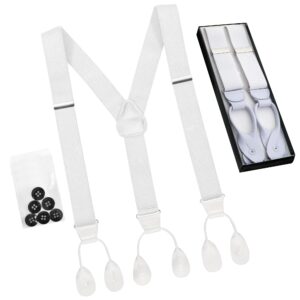 HOLD'EM Tuxedo Suspenders for Men Black Genuine Leather Button End 1.25 Inches Mens Braces Suspenders- White (Regular 46" Long)