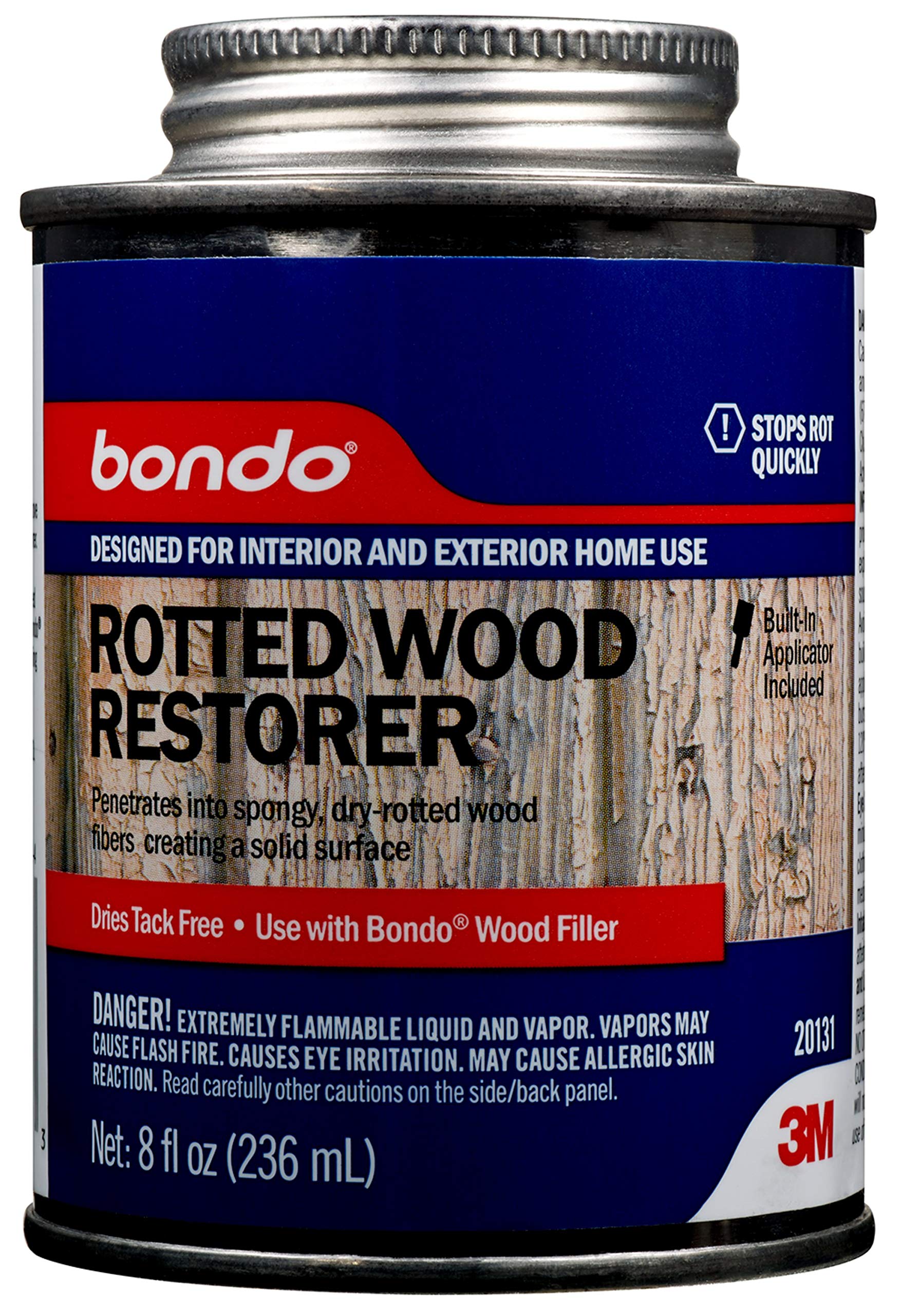 Bondo Rotted Wood Restorer, 8 fl oz., Penetrates into Spongy, Dry-rotted Wood Fibers Creating a Solid Surface, Dries clear and tack free, Water Resistant, Stainable and paintable (20131)