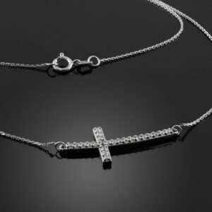 925 Sterling Silver Curved Pendant Stone Studded Sideways Cross Necklace - 16 Inches