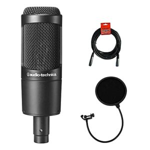 audio-technica at2035 cardioid condenser microphone bundle with pop filter with 2 layered mesh and 10-foot xlr cable