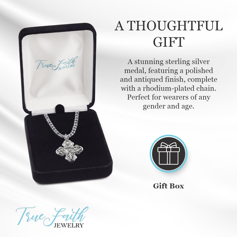 TrueFaithJewelry Sterling Silver 4 Way Medal Cross Pendant Necklace Religious Jewelry, 7/8 Inch