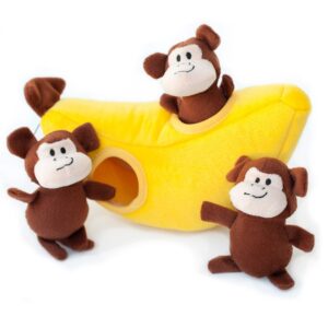 zippypaws burrow, zoo friends monkey 'n banana - interactive dog toys for boredom - hide and seek dog toys, colorful squeaky dog toys for small & medium dogs, plush dog puzzles