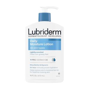 lubriderm daily moisture lotion + pro-ceramide with shea butter & glycerin helps moisturize dry skin, hydrating face, hand & body lotion is lightly scented & non-greasy, 16 fl. oz (pack of 6)