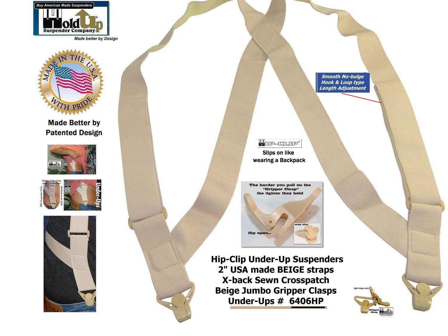 Holdup Tan 1 1/2" Hip-Clip Style Under-Ups Suspenders for Men with the Patented Composite plastic Gripper Clasps