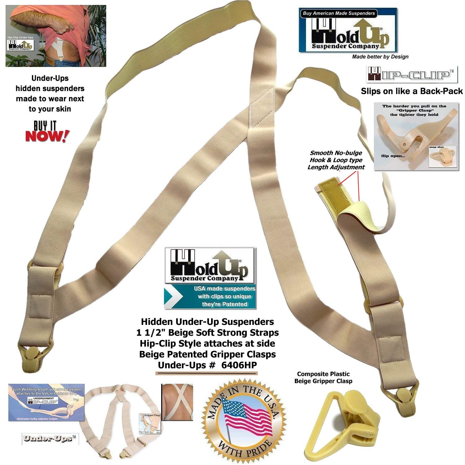 Holdup Tan 1 1/2" Hip-Clip Style Under-Ups Suspenders for Men with the Patented Composite plastic Gripper Clasps