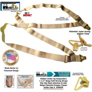 Holdup Tan 1 1/2" Hip-Clip Style Under-Ups Suspenders for Men with the Patented Composite plastic Gripper Clasps