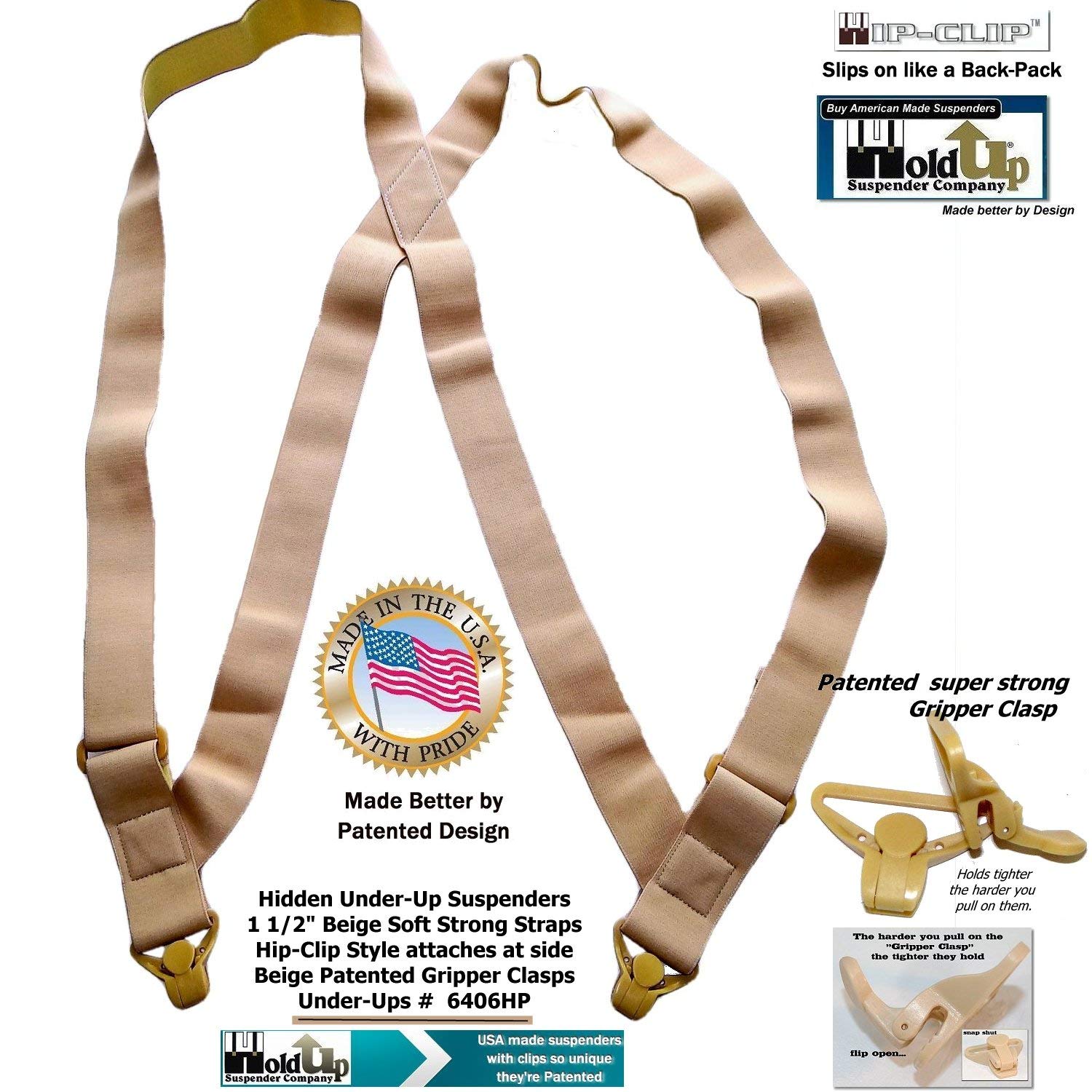 Holdup Tan 1 1/2" Hip-Clip Style Under-Ups Suspenders for Men with the Patented Composite plastic Gripper Clasps