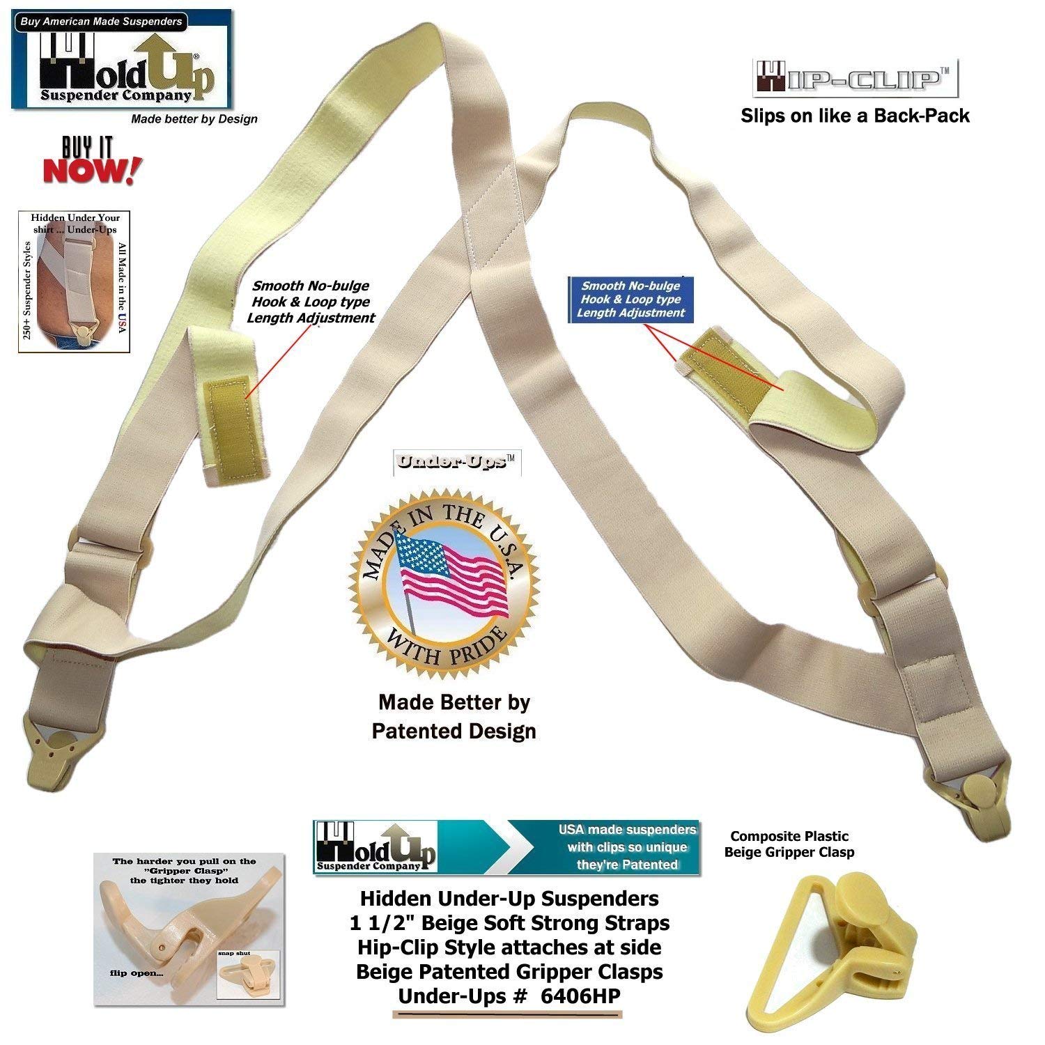 Holdup Tan 1 1/2" Hip-Clip Style Under-Ups Suspenders for Men with the Patented Composite plastic Gripper Clasps