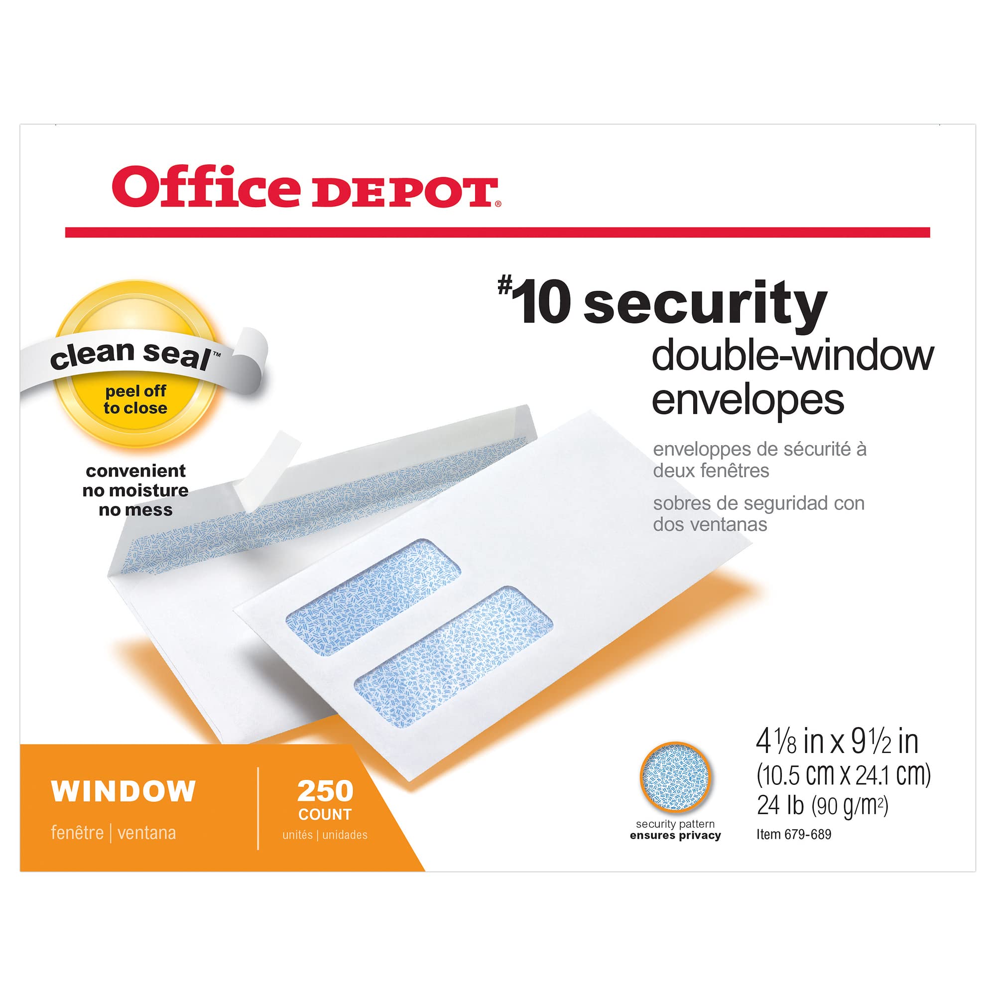 Office Depot Double-Window Envelopes, 10 (4 1/8in. x 9 1/2in.), White, Clean Seal(TM), Box Of 250, 77139