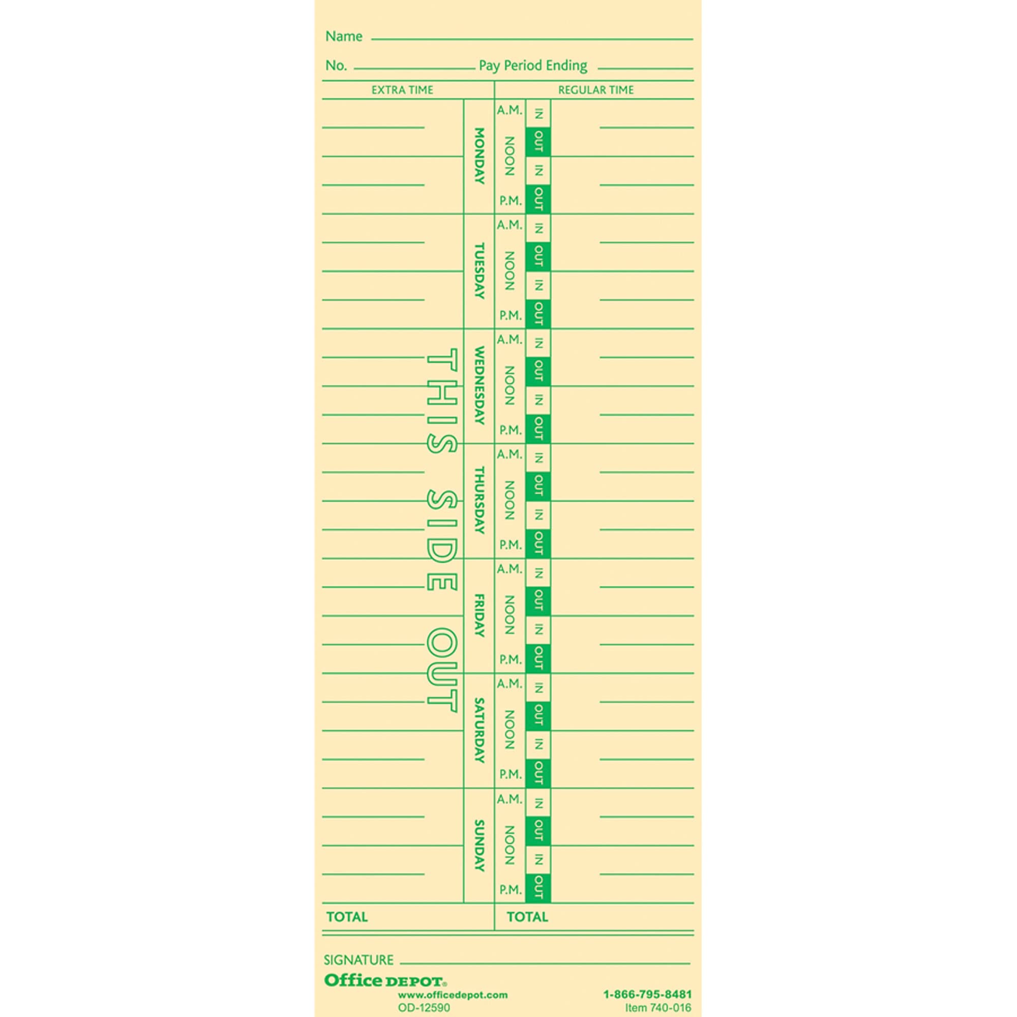 Office Depot Time Cards, Weekly, Monday-Sunday Format, 1-Sided, 3 3/8in. x 8 7/8in., Manila, Pack of 100, GB-740016