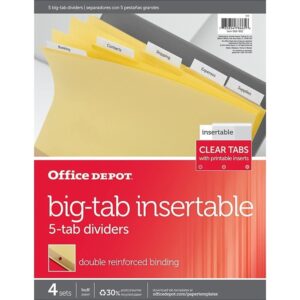 Office Depot Insertable Dividers with Big Tabs, Buff, Clear Tabs, 5-Tab, Pack of 4 Sets, 14775