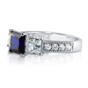 BERRICLE Sterling Silver 3-Stone Wedding Engagement Rings Simulated Blue Sapphire Princess Cut Cubic Zirconia CZ Anniversary Promise Ring for Women, Rhodium Plated Size 7