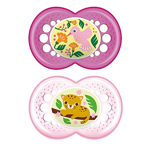 MAM Original Baby Pacifier, Nipple Shape Helps Promote Healthy Oral Development, Sterilizer Case, 2 Pack, 6-16 Months, Crystal/Girl. 6-16- (Pack of 2)