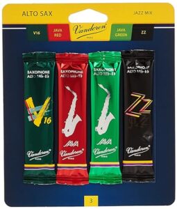 vandoren srmixa3 alto sax jazz reed mix card includes 1 each zz, v16, java and java red strength 3