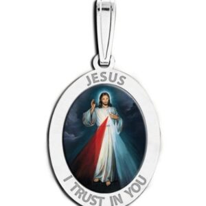 PicturesOnGold.com Divine Mercy Double Sided Oval Religious Medal Color 2/3 X 3/4 Inch Size of Nickel, Sterling Silver