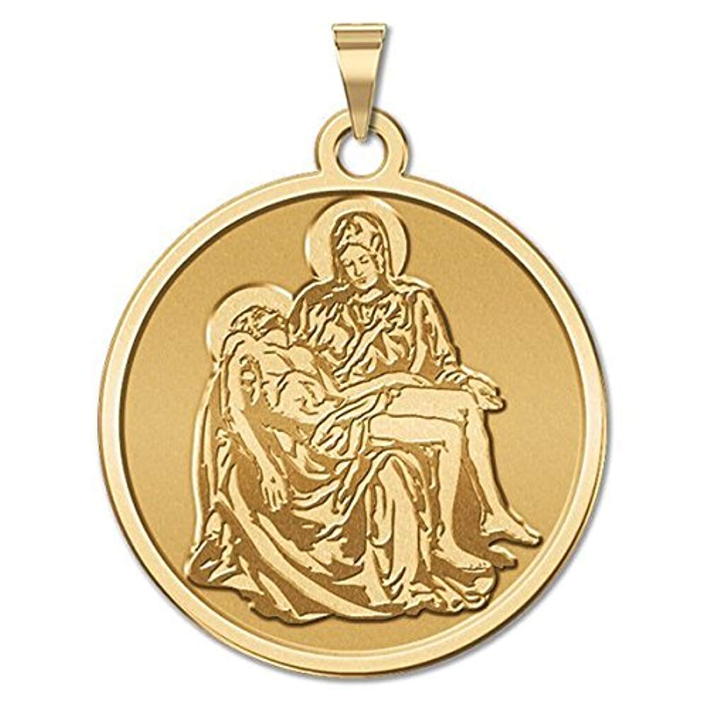 La Pieta Religious Medal - 1 Inch Size of a Quarter -Solid 14K Yellow Gold