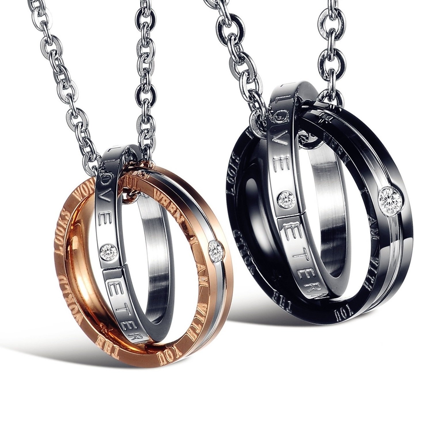 His & Hers Matching Set Titanium Stainless Steel Couple Pendant Necklace Korean Love Style with a Lucky Bean