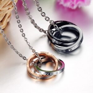 His & Hers Matching Set Titanium Stainless Steel Couple Pendant Necklace Korean Love Style with a Lucky Bean