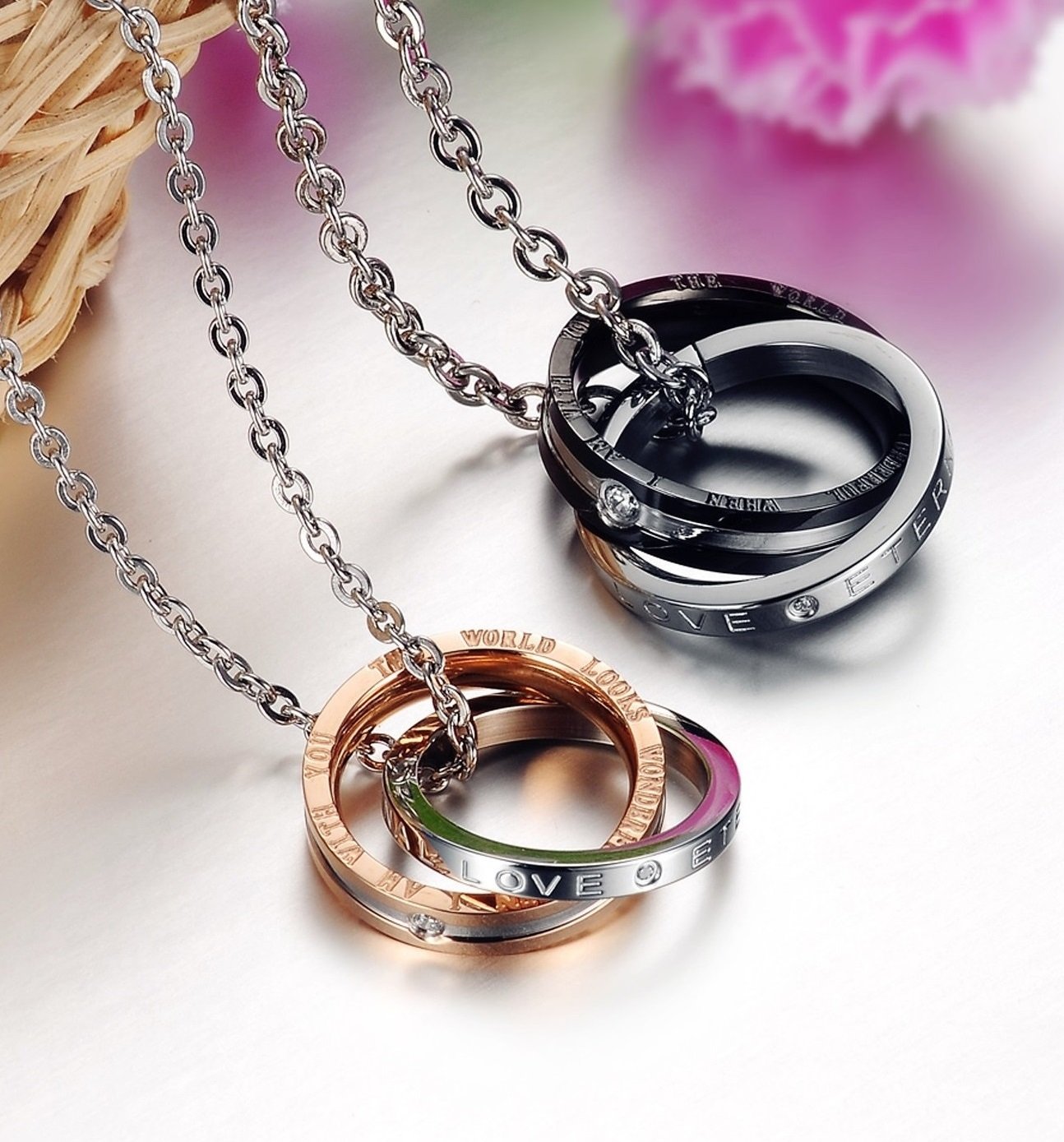 His & Hers Matching Set Titanium Stainless Steel Couple Pendant Necklace Korean Love Style with a Lucky Bean