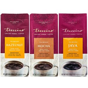 teeccino herbal coffee variety pack - hazelnut, mocha and java - ground herbal coffee that’s prebiotic, caffeine-free & acid free, dark roast, 11 ounce (pack of 3)