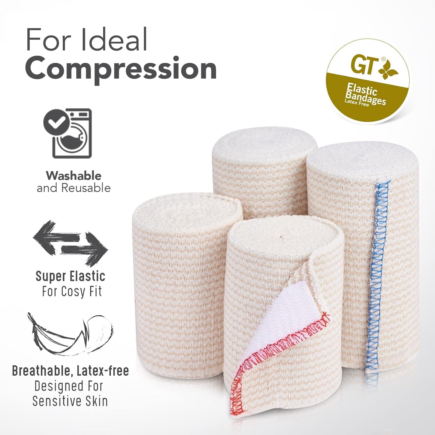 Premium Elastic Bandage Wrap (4" Wide, 12 Pack) - Made of USA Grown Organic Cotton - Hook & Loop Fasteners at Both Ends - GT Latex Free Hypoallergenic Compression Roll for Sprains & Injuries