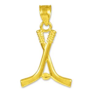 14K Yellow Gold Ice Hockey Sticks and Puck Winter Sports Charm Pendant - Pendant Only