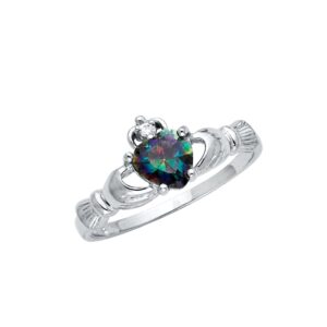 .925 Sterling Silver Rhodium Plated CZ Rainbow Heart Irish Celtic Claddagh Ring - Size 6