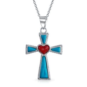 south western style gemstone blue stabilized turquoise red heart cross pendant religious .925 sterling silver necklace for women teen