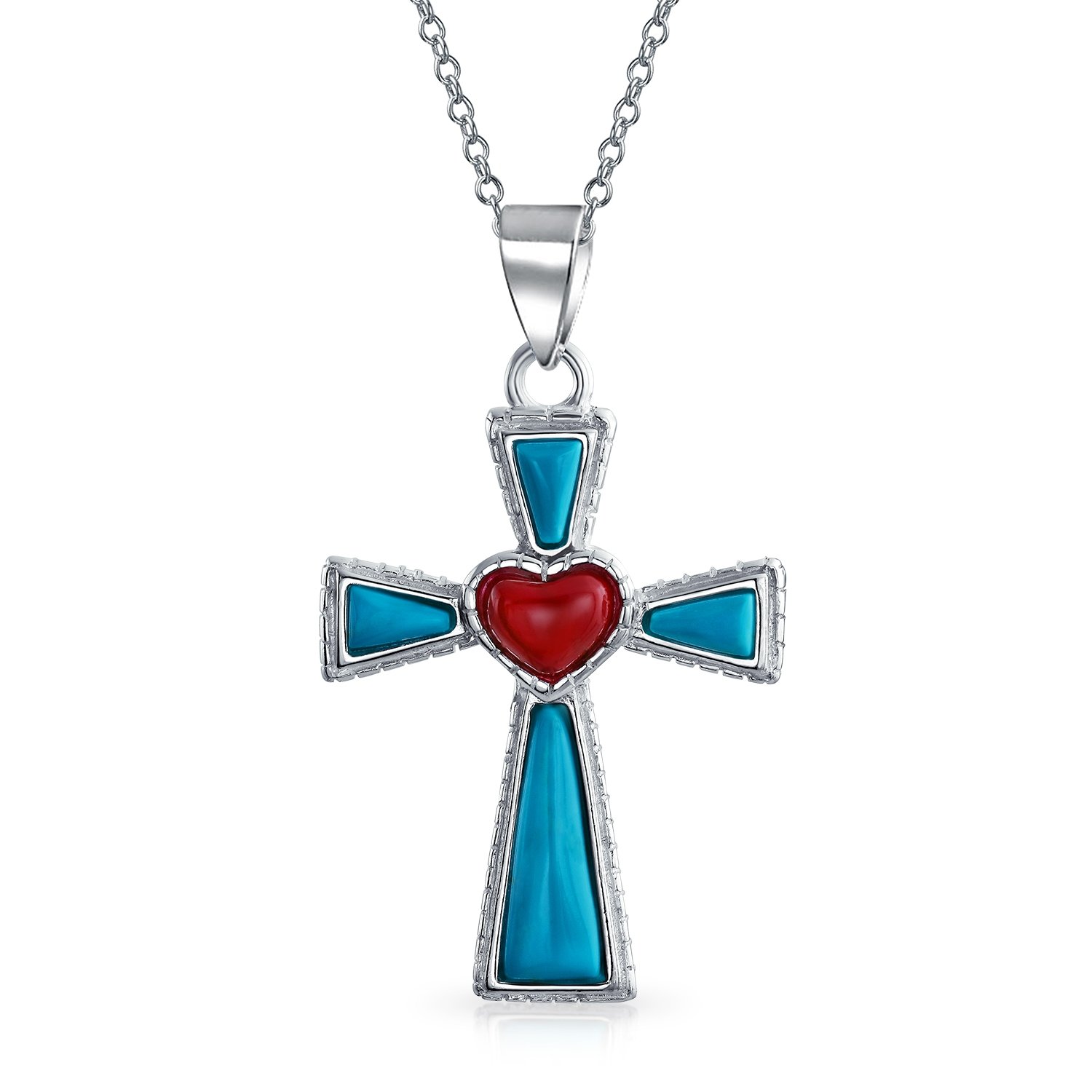 South Western Style Gemstone Blue Stabilized Turquoise Red Heart Cross Pendant Religious .925 Sterling Silver Necklace For Women Teen