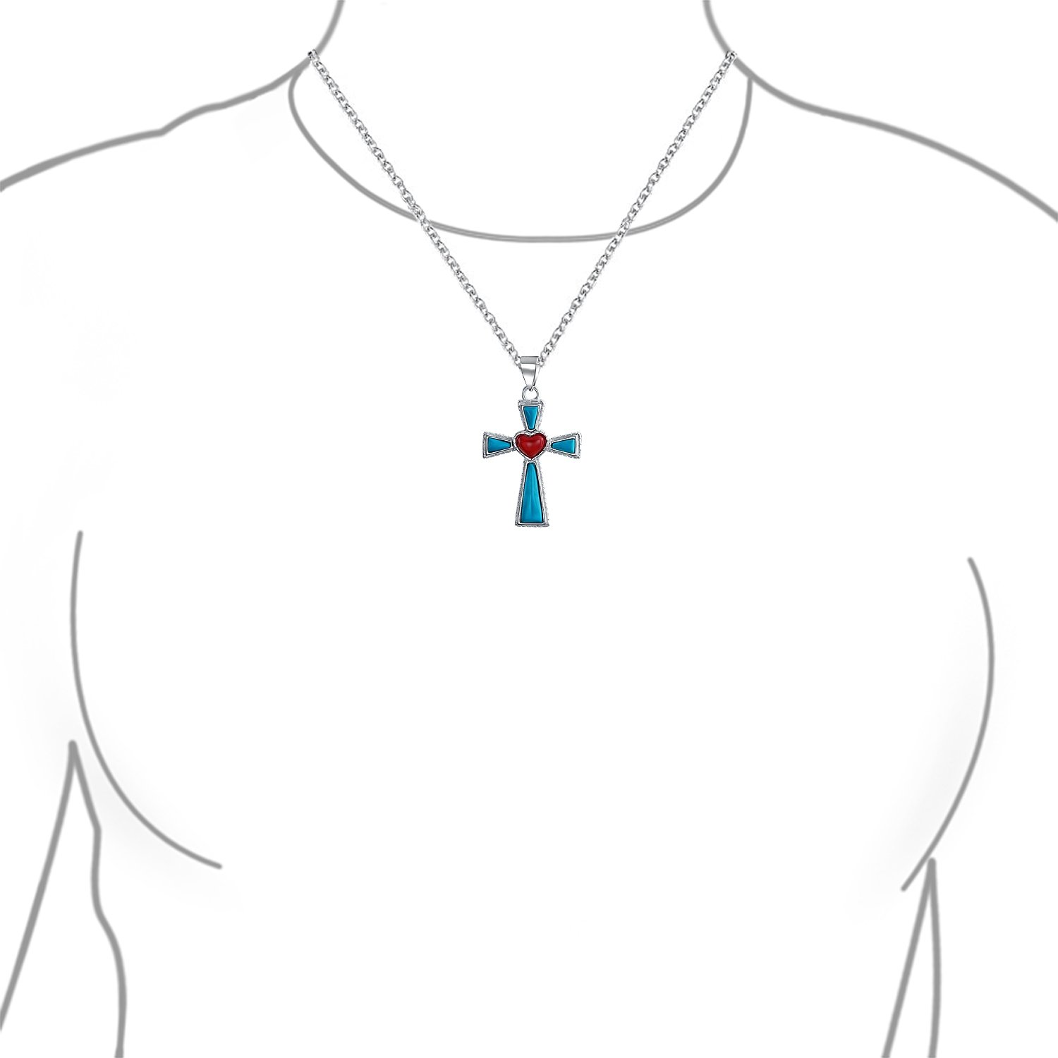 South Western Style Gemstone Blue Stabilized Turquoise Red Heart Cross Pendant Religious .925 Sterling Silver Necklace For Women Teen